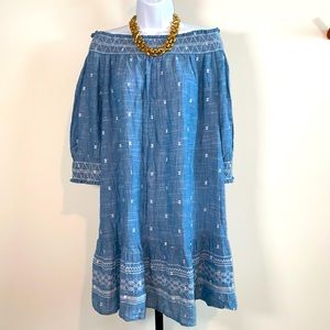Denim & Linen Look 100% Cotton Off The Shoulder Ruffle Bottom Skirt Size M